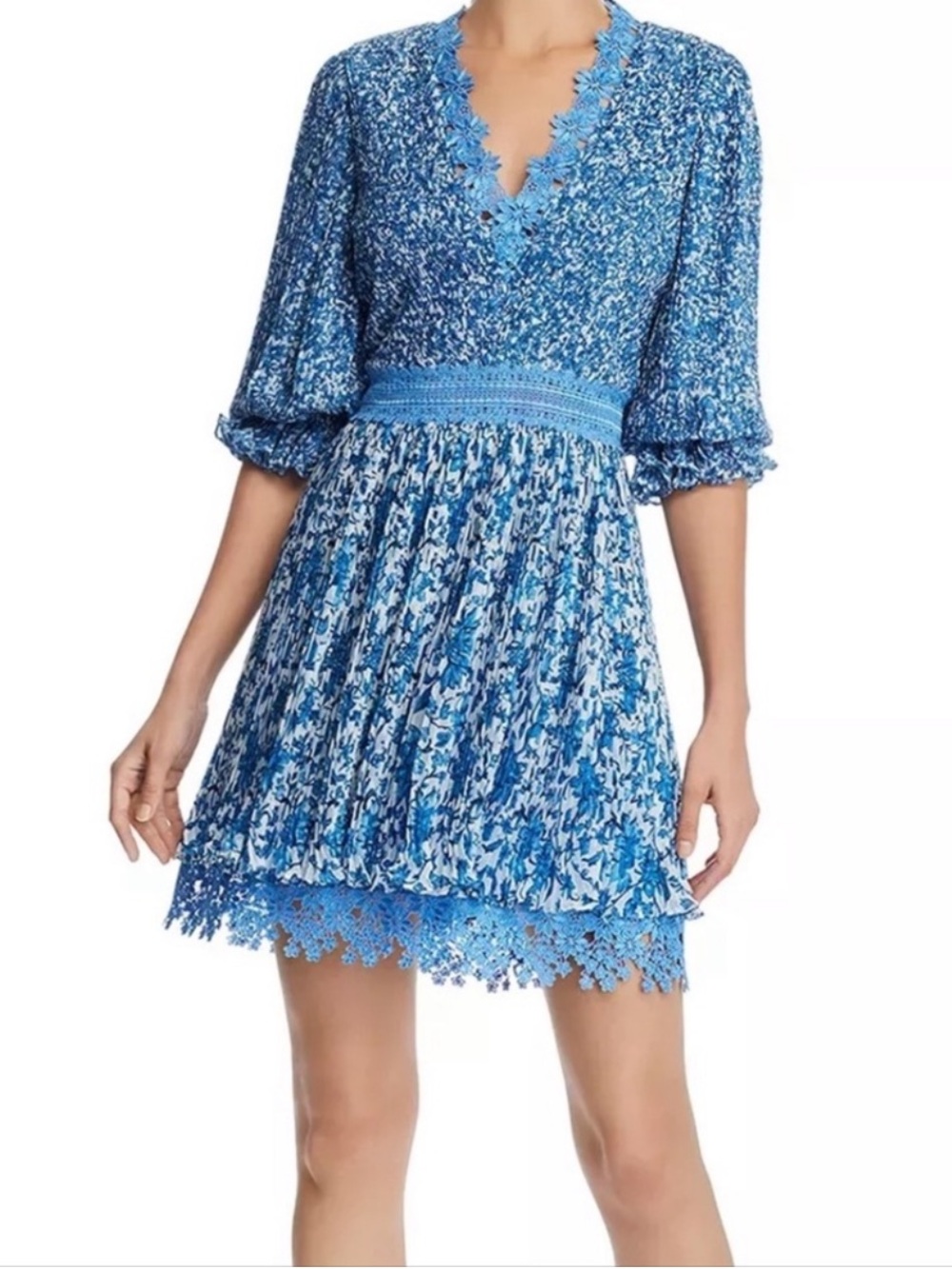 Alice + Olivia Jonna Pleated Floral Mini Dress In Hepatica Blue